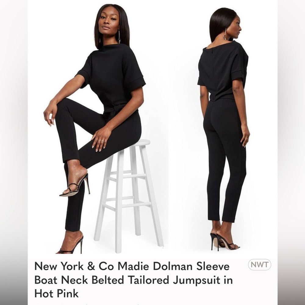 New York & Co Madie Dolman Sleeve Boat Neck Belted Tailored Jumpsuit in Hot Pink